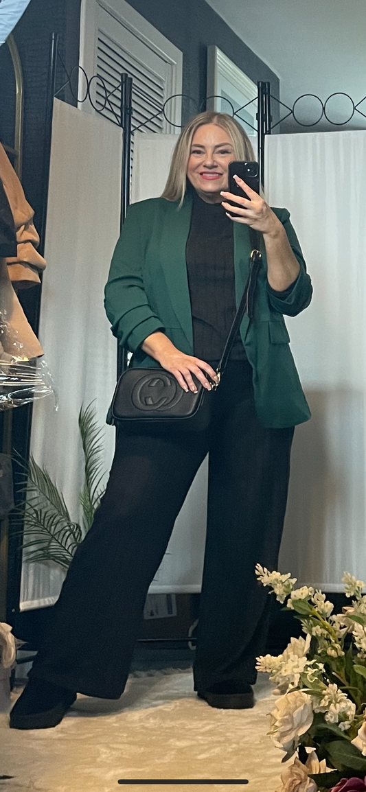 RUCHED SLEEVE BLAZER - BOTTLE GREEN